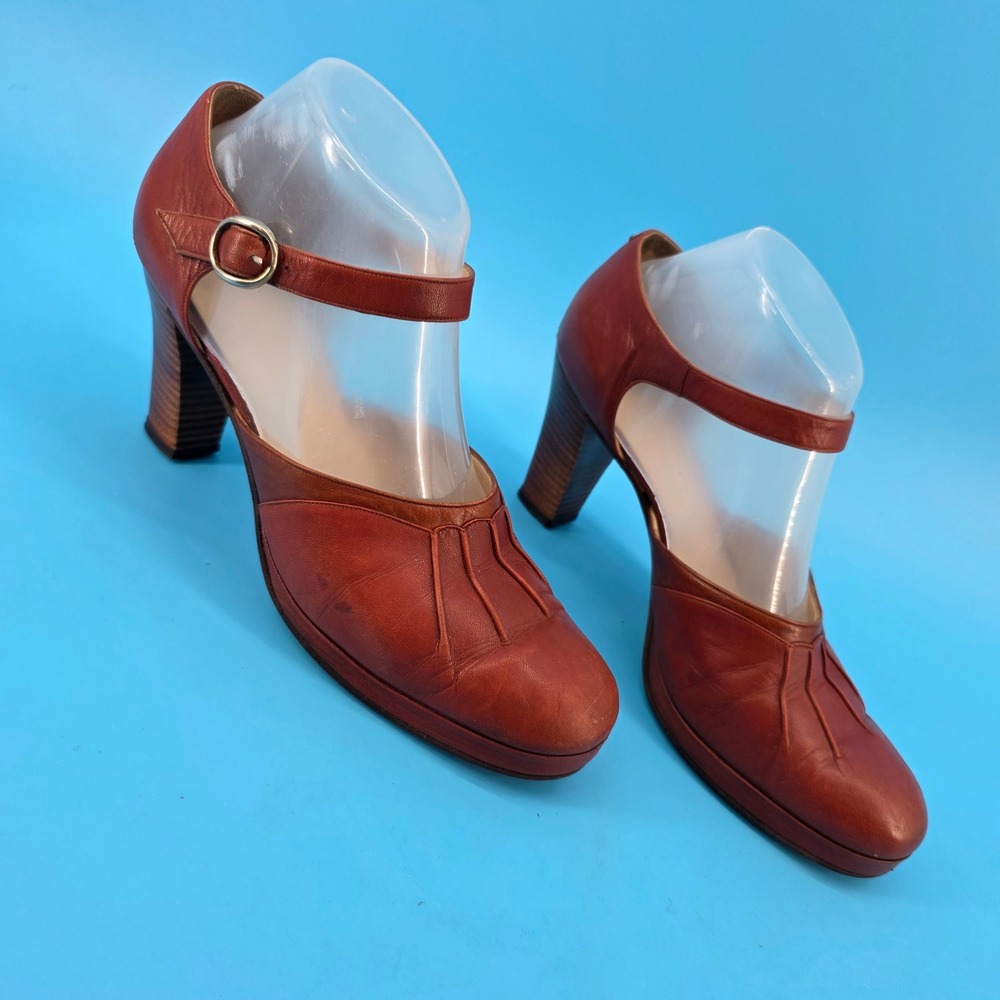 Vintage 70s Mary Jane Platform Heels Brown Leather Pleated Toe Block Heel 8.5